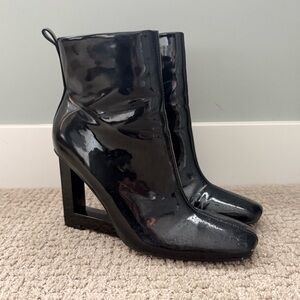 River Island Patent Ankle Boots Black Architectural Block Heel Booties Size 8